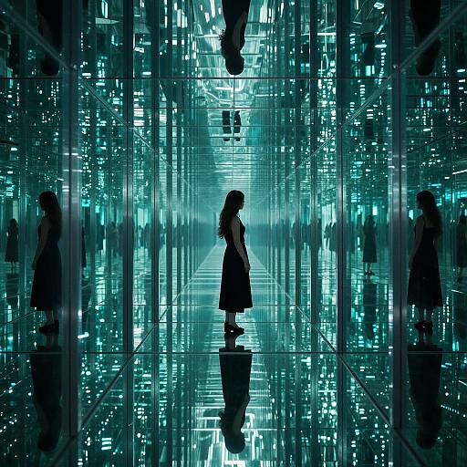Silhouetted woman in a dress walks down a glowing, mirror-lined corridor, reflecting multiple versions of herself in a futuristic, neon-lit setting