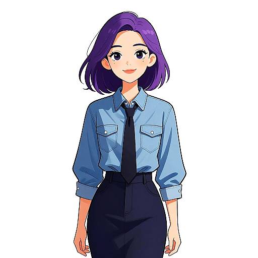 Anime-style digital drawing of a smiling young woman with purple hair, wearing a blue shirt, black tie, and high-waisted black pants. White