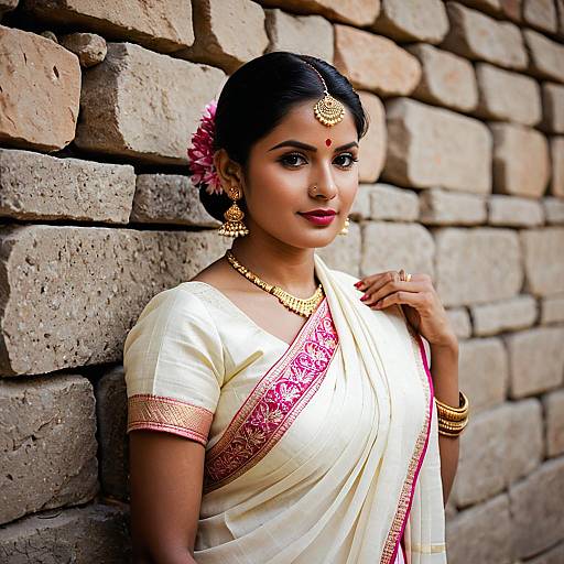 Indian Woman in White Saree with Pink Border