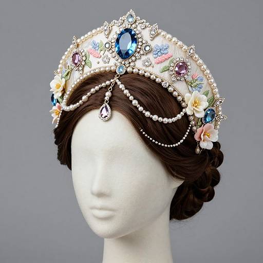 Photograph of a white mannequin head wearing an ornate, jeweled floral tiara with blue, pink, and white gemstones, pearl