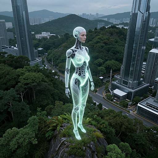 CGI image of a glowing, futuristic, humanoid robot standing on a rocky outcrop amidst a dense forest, towering over a cityscape with tall skys