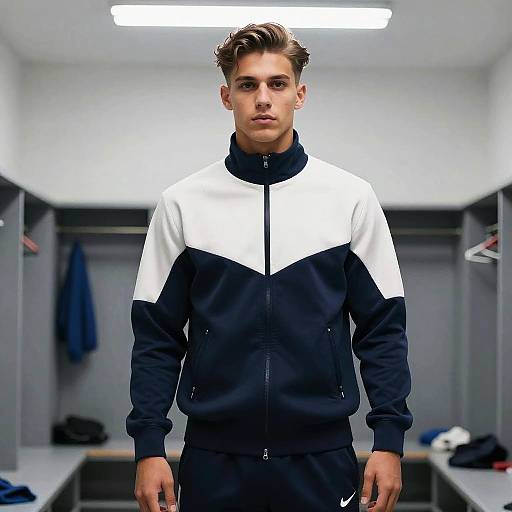 Photograph of a young, fair-skinned man with brown hair, wearing a black and white track jacket, standing in a modern, lit locker room