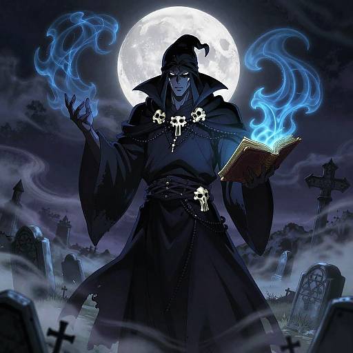 Digital illustration of a dark-robed, skeletal-faced sorcerer with glowing blue smoke, holding a book and conjuring flames, under a full moon in