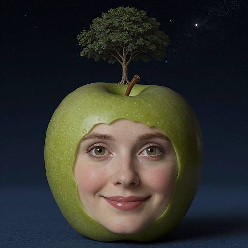 Photograph of a green apple with a realistic human face and a small tree growing from the top, against a dark, starry night background.