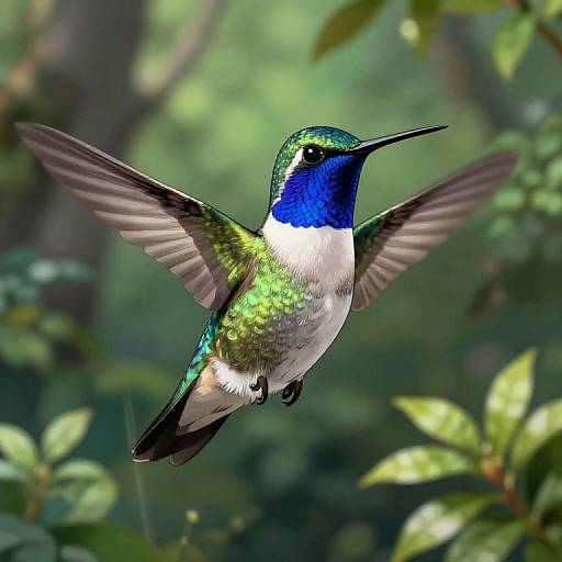Photograph of a vibrant hummingbird in mid-flight, displaying iridescent green, blue, white, and black feathers, against a blurred green foliage