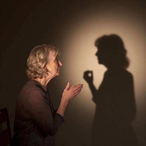 Photograph of elderly woman with short gray hair, wearing black top, hands raised, casting shadow on illuminated wall. Shadow shows her profile holding object.