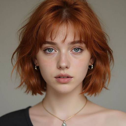 Photograph of a young woman with fair skin, blue eyes, and shoulder-length red hair, wearing a black top and gold necklace.