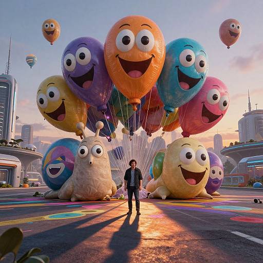 Futuristic Snail Balloon Scene at Dusk