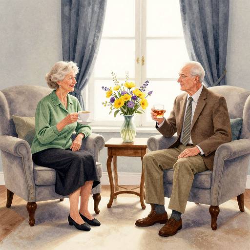 Photograph of an elderly white couple in a sunlit living room, seated on gray armchairs, engaging in conversation with a bouquet of sunflowers