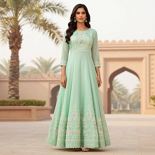 Poised Woman in Embroidered Pastel Frock