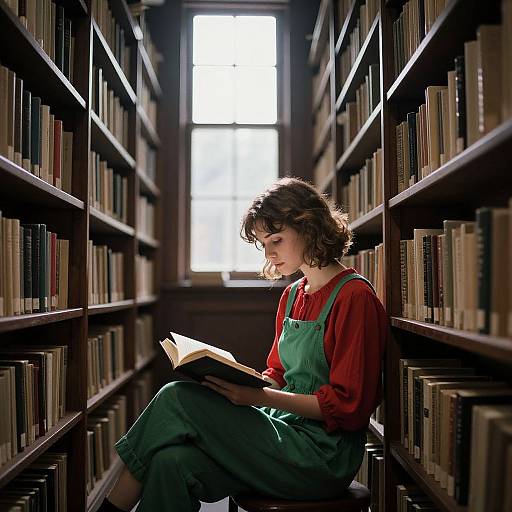 Photograph of a curly-haired woman in a red blouse and green pinafore, reading a book in a dimly lit library aisle with tall,