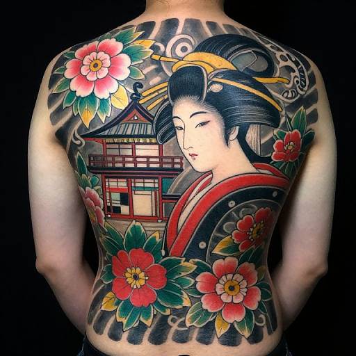 Vivid back tattoo of a traditional Japanese geisha with black hair, red kimono, and large red flowers, standing in front of a traditional Japanese