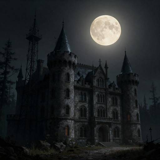 Moonlit Gothic Castle with Metal Tower