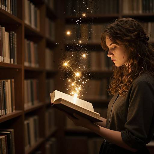 Photograph of a brown-haired woman in a black shirt reading a book in a library, with magical golden sparks emanating from the pages.