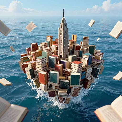 Digital artwork of a floating city made from colorful, floating books with a tall skyscraper in the center, surrounded by ocean water with splashes and flying