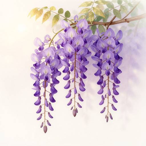 Digital illustration of vibrant purple wisteria flowers hanging from a branch with green leaves, bathed in soft, sunlight, against a white background.