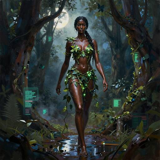Digital art: Dark-skinned, athletic woman with long braids, wearing leaf and vine bikini, walks through mystical, bioluminescent forest,