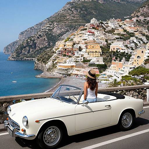 Photograph of a woman with long brown hair in a black hat, sitting in a white vintage convertible, overlooking colorful coastal Italian town with blue sea and