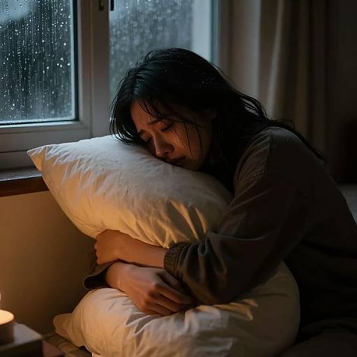 Photograph of a woman with wet, dark hair, hugging a white pillow, sleeping by a rain-streaked window in dim light.