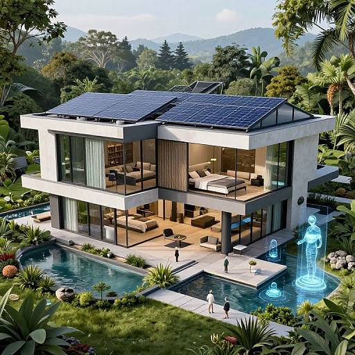 Photorealistic CGI of a modern, two-story house with solar panels, large glass windows, pool, and blue illuminated water feature, surrounded by lush