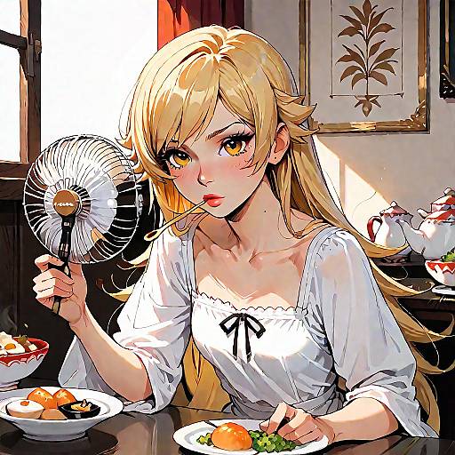 Oshino Shinobu Eating Rice by Fan