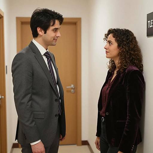 Business professionals in hallway conversation