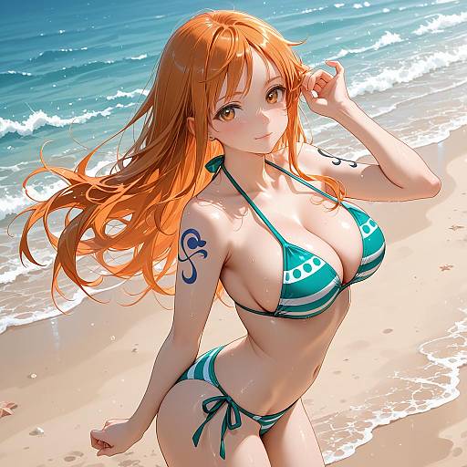 Nami in Striped Bikini at the Beach