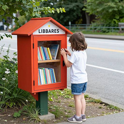 Photograph of a young girl with brown hair in a white shirt and denim shorts, standing in front of a bright red library mailbox, searching for a