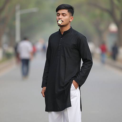 Photograph of a young man with short black hair, wearing a black long kurta and white pants, standing on a blurred street with trees, holding