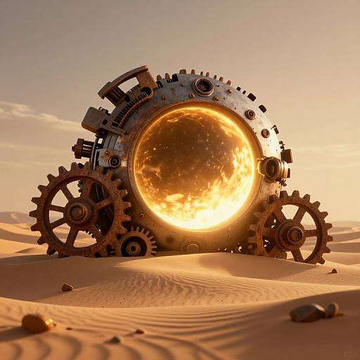 CGI image of a steam-powered, gear-driven sphere emitting a bright, fiery glow in a sunlit, sandy desert landscape.