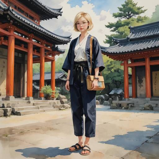 Blonde Girl in Kimono at Ancient Temple