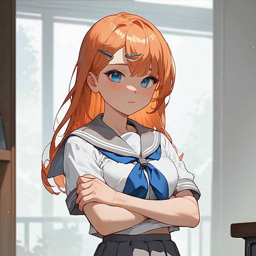 Blushing Orange-Haired Schoolgirl Looking Away