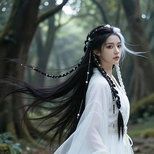 Photograph of an ethereal Asian woman with long black hair adorned with beads, wearing a white, embroidered dress, standing in a forest with soft sunlight