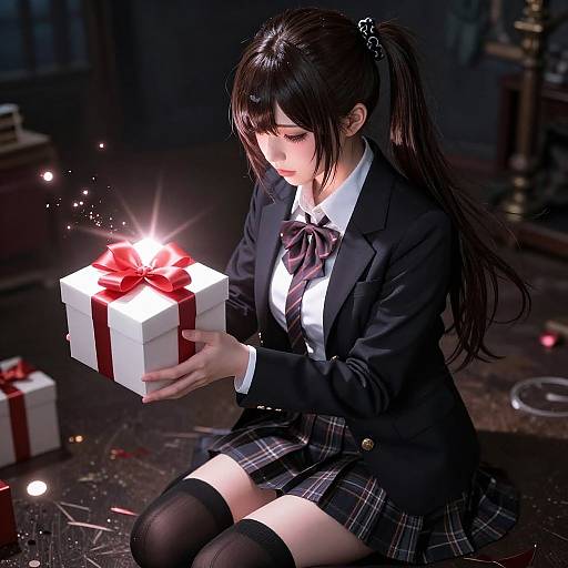 Digital anime-style artwork of a young woman with long black hair, wearing a school uniform, kneeling and gazing at a glowing, red-ribboned