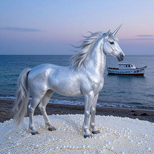 Photograph of a shiny, silver-white unicorn standing on a pebbled beach with a calm ocean and a small boat in the background at dusk.