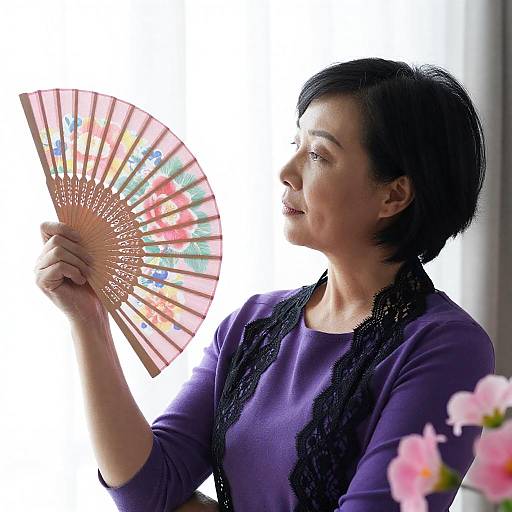 Asian Woman with Floral Decorative Fan