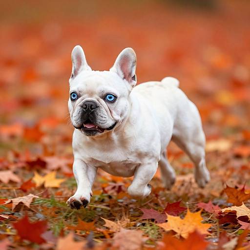 Photograph of a white French Bulldog with bright blue eyes, standing on an autumn forest floor covered in vibrant orange and red leaves.