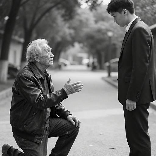 Elderly Man Kneeling and Gesturing Outside