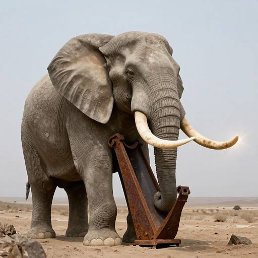 Photorealistic CGI of a large, gray elephant with long white tusks standing on a rusty metal structure in a barren, desert landscape.