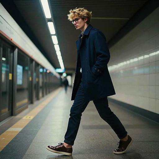 Photograph of a stylish young man with blonde, spiked hair, wearing dark sunglasses, black coat, and pants, walking through a brightly lit, modern