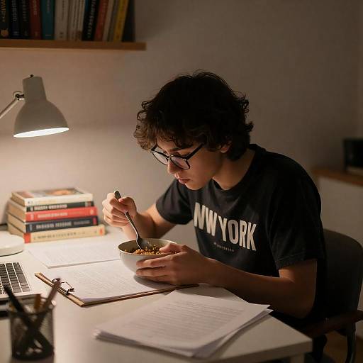 Dimly Lit Study: Eating at Desk