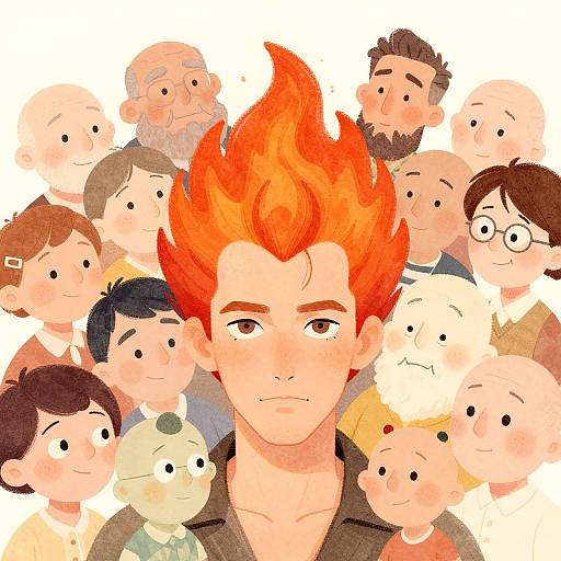Digital drawing of a boy with fiery red hair, surrounded by a group of diverse, smiling cartoon characters with simple, expressive features.