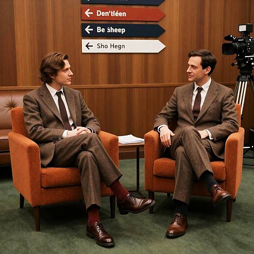 Two Men in Tweed Suits Sitting in Orange Armchairs