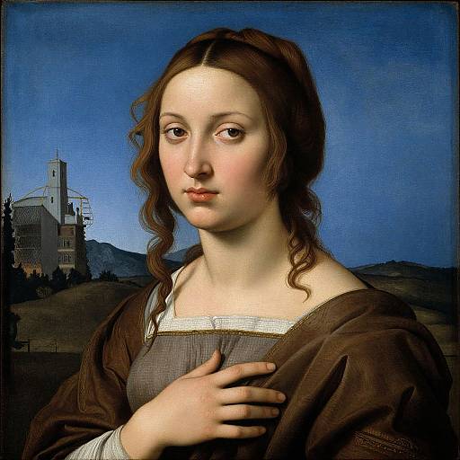 Digital rendering of the Mona Lisa-style portrait featuring a young woman with fair skin, brown wavy hair, soft blue eyes, and a brown dress,