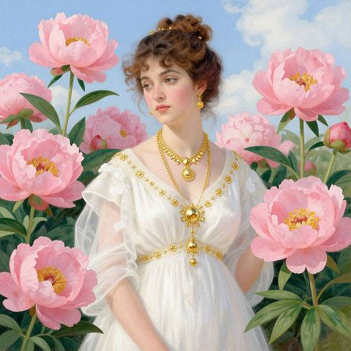 Digital painting of a fair-skinned woman with curly brown hair, wearing a white, gold-embellished dress, surrounded by pink peonies