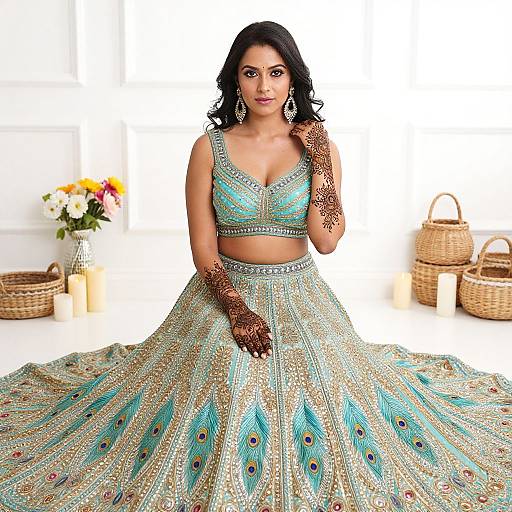 Photograph of an Indian woman with dark hair in a turquoise and gold peacock-patterned lehenga set, adorned with intricate henna, standing in