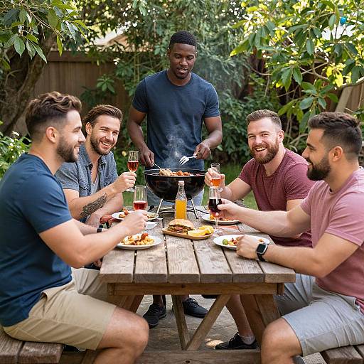 Photograph of six smiling, casually dressed men, diverse in ethnicity, enjoying a backyard BBQ around a wooden table with drinks and food. One man gr