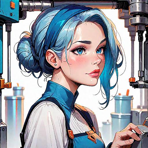 Blue-Haired Woman in Factory