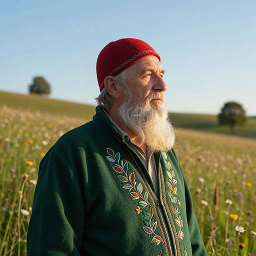 Photograph of an elderly white man with a long white beard and red cap, wearing a green embroidered robe, standing in a sunny, grassy field