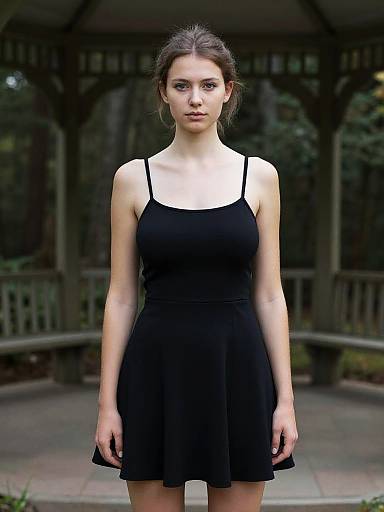 Photograph of a young woman with fair skin, brown hair in a loose bun, wearing a black, spaghetti-strap, sleeveless dress, standing